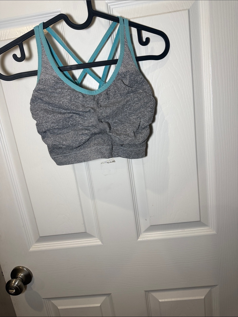 Gray & Teal Athletic Sports Bra with Crisscross Back
